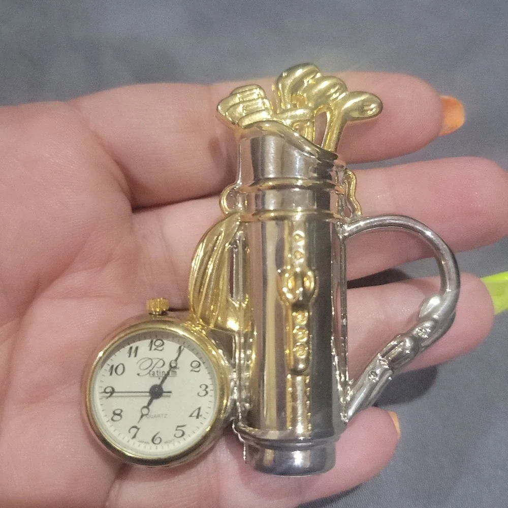 PLATINUM Miniature Desk Clock Golf Club, Bag & Ball Two Tone